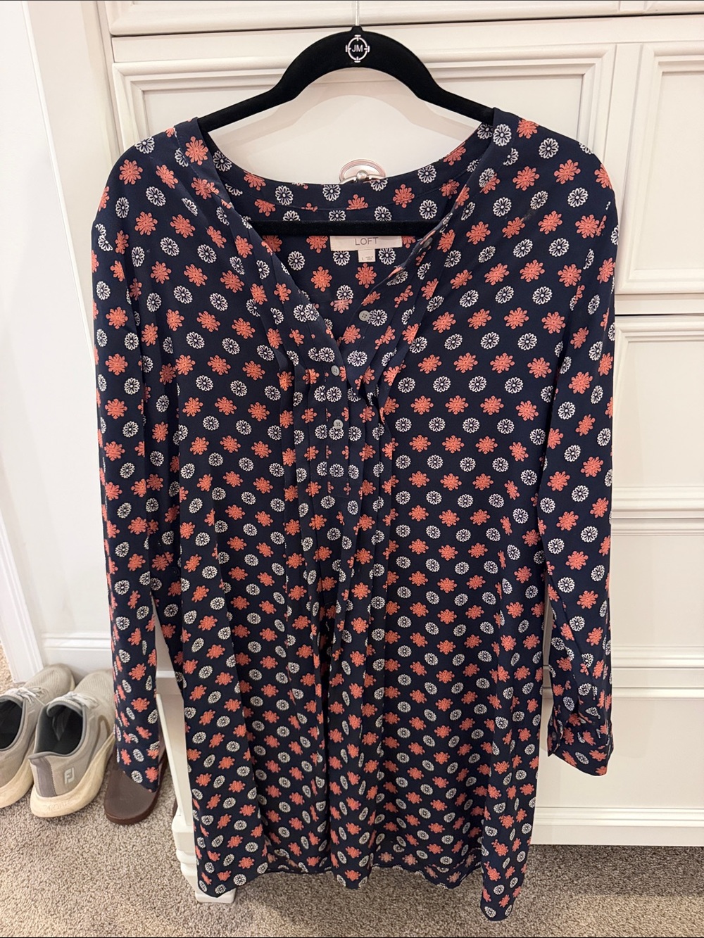 LOFT Navy Tunic Top with Coral & White Floral Medallions